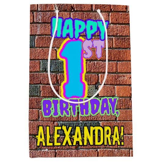 1回目の誕生日:おもしろい、アーバングラフィティインスパイアルックス ミディアムペーパーバッグ (正面)