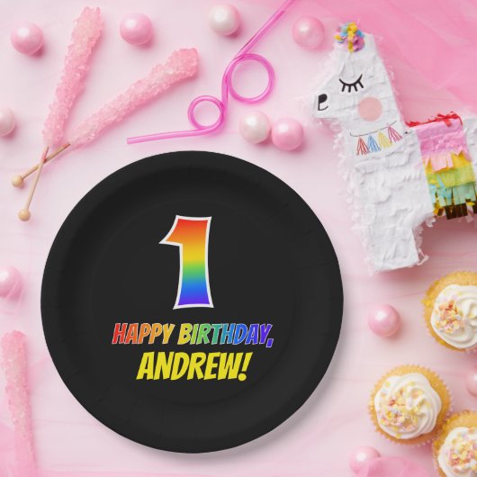 1回目の誕生日:はっきりした,おもしろい,シンプル虹, Rainbow 1 ペーパープレート (パーティー)