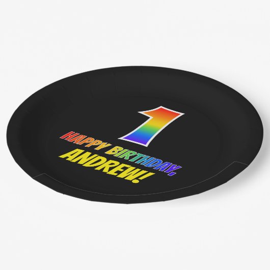 1回目の誕生日：はっきりした,おもしろい,シンプル虹， Rainbow 1 ペーパープレート (アングル)