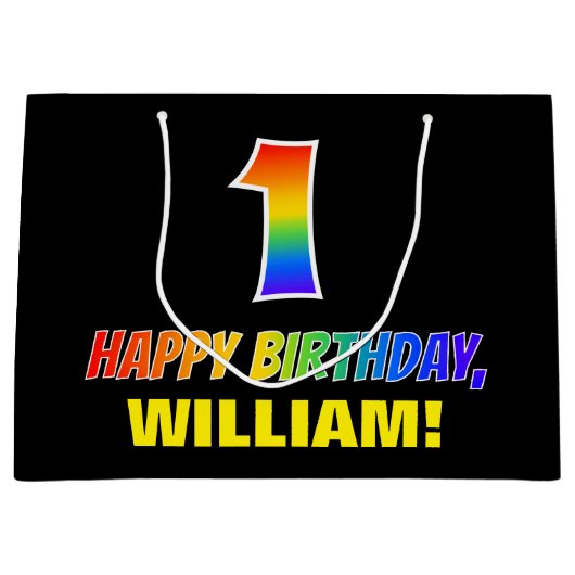 1回目の誕生日：はっきりした,おもしろい,シンプル虹， Rainbow 1 ラージペーパーバッグ (正面)