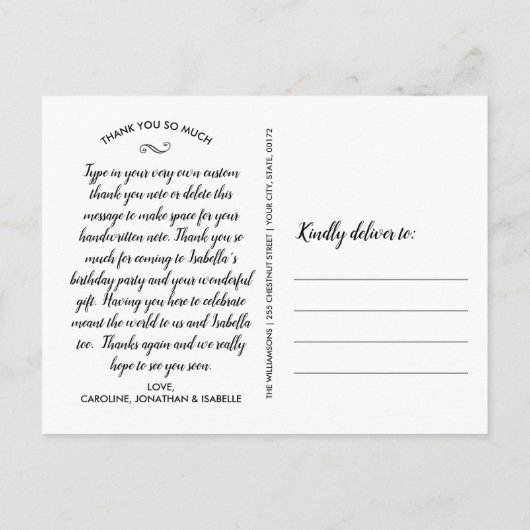 1回目の誕生日、またはどの年も、ありがとうフォトコラージュ ポストカード (裏面)