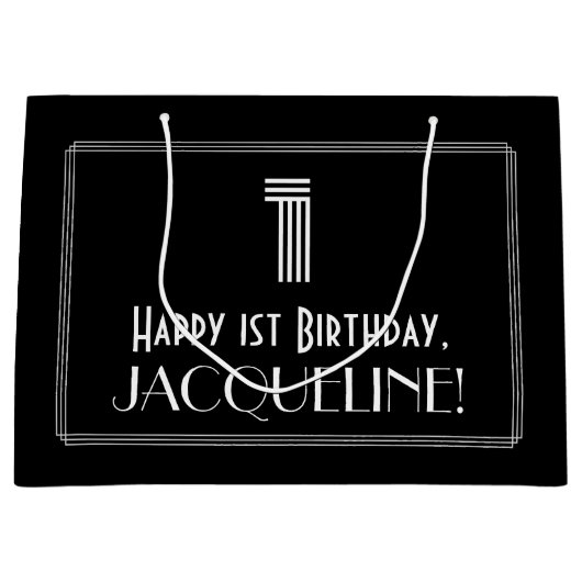 1回目の誕生日 – インスパイアアールデコ「1」と名前 ラージペーパーバッグ (正面)