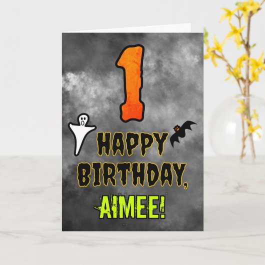 1回目の誕生日:エリーハロウィーンテーマ+名前をカスタムする カード (黄色い花)