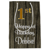 1回目の誕生日：エレガントフェイク金ゴールドルック#,フェイク Wood ミディアムペーパーバッグ (正面)