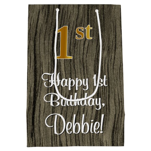 1回目の誕生日：エレガントフェイク金ゴールドルック#,フェイク Wood ミディアムペーパーバッグ (裏面)