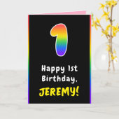 1回目の誕生日:カラフル虹#1、名前をカスタムする カード (黄色い花)