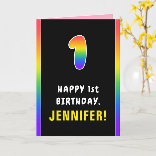 1回目の誕生日:カラフル虹#1、名前をカスタムする カード (黄色い花)