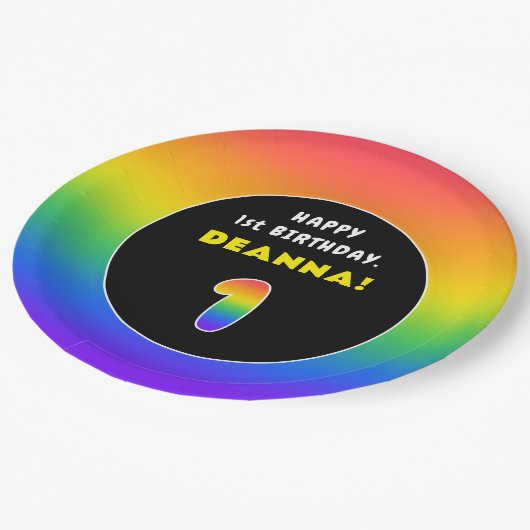 1回目の誕生日：カラフル虹#1、名前をカスタムする ペーパープレート (アングル)