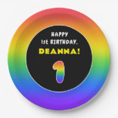 1回目の誕生日：カラフル虹#1、名前をカスタムする ペーパープレート (正面)