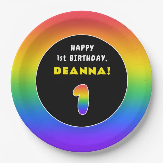 1回目の誕生日：カラフル虹#1、名前をカスタムする ペーパープレート (正面)