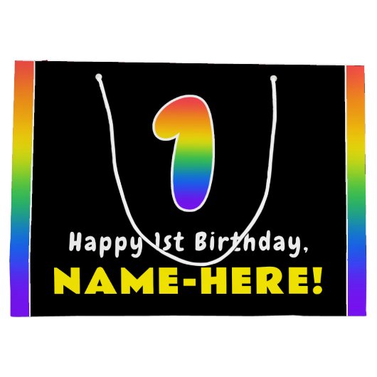 1回目の誕生日：カラフル虹#1、名前をカスタムする ラージペーパーバッグ (裏面)