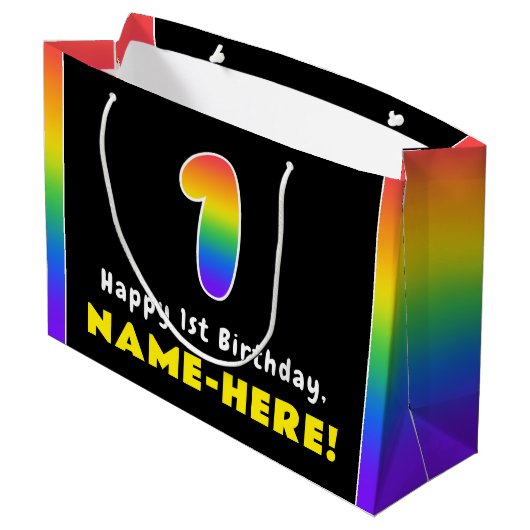 1回目の誕生日：カラフル虹#1、名前をカスタムする ラージペーパーバッグ (裏面アングル)
