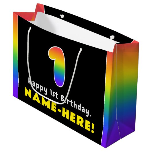 1回目の誕生日：カラフル虹#1、名前をカスタムする ラージペーパーバッグ (正面アングル)