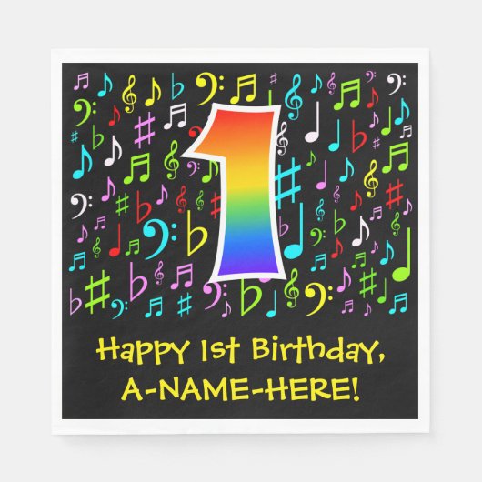 1回目の誕生日 – カラフル音楽シンボル， Rainbow 1 スタンダードランチョンナプキン (正面)
