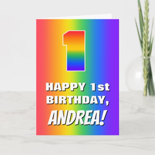1回目の誕生日: カラフル、おもしろいレインボーパターン# 1 カード (正面)