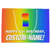 1回目の誕生日： カラフル、おもしろいレインボーパターン# 1 ラージペーパーバッグ (裏面)