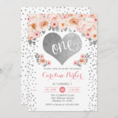 1回目の誕生日 – シルバーハートホワイトピンクフローラ 招待状 (正面/裏面)