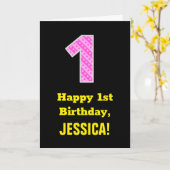 1回目の誕生日:ピンクストライプのハートと誕生日"1" +名前 カード (黄色い花)