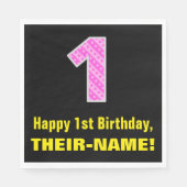 1回目の誕生日:ピンクストライプのハートと誕生日"1" +名前 スタンダードランチョンナプキン (正面)