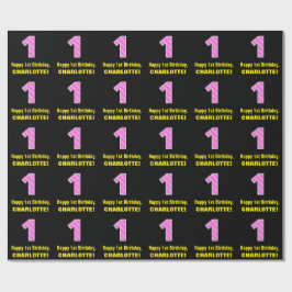 1回目の誕生日：ピンクストライプのハートと誕生日"1" +名前 ラッピングペーパー