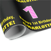1回目の誕生日:ピンクストライプのハートと誕生日"1" +名前 ラッピングペーパー (ロールコーナー)