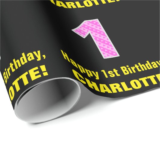 1回目の誕生日：ピンクストライプのハートと誕生日"1" +名前 ラッピングペーパー (ロールコーナー)
