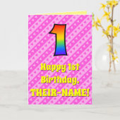 1回目の誕生日:ピンクストライプのハート、レインボー# 1 カード (黄色い花)
