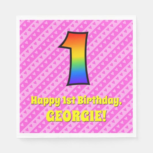1回目の誕生日：ピンクストライプのハート、レインボー# 1 スタンダードランチョンナプキン (正面)