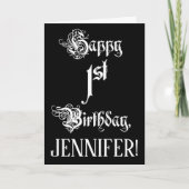 1回目の誕生日: ファンシー、スクリプエレガントト+名前をカスタムする カード (正面)