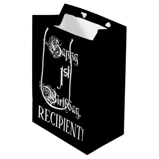 1回目の誕生日： ファンシー、スクリプエレガントト+名前をカスタムする ミディアムペーパーバッグ (正面アングル)