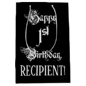 1回目の誕生日： ファンシー、スクリプエレガントト+名前をカスタムする ミディアムペーパーバッグ (正面)