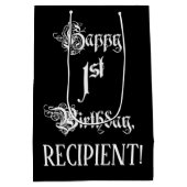 1回目の誕生日： ファンシー、スクリプエレガントト+名前をカスタムする ミディアムペーパーバッグ (裏面)