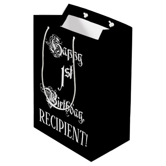 1回目の誕生日： ファンシー、スクリプエレガントト+名前をカスタムする ミディアムペーパーバッグ (裏面アングル)
