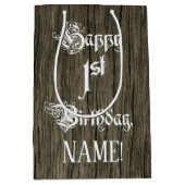 1回目の誕生日： ファンシー, フェイク Wood Look +名前をカスタムする ミディアムペーパーバッグ (正面)