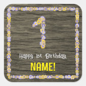 1回目の誕生日:フローラフェイク番号、木目、名前 スクエアシール (正面)