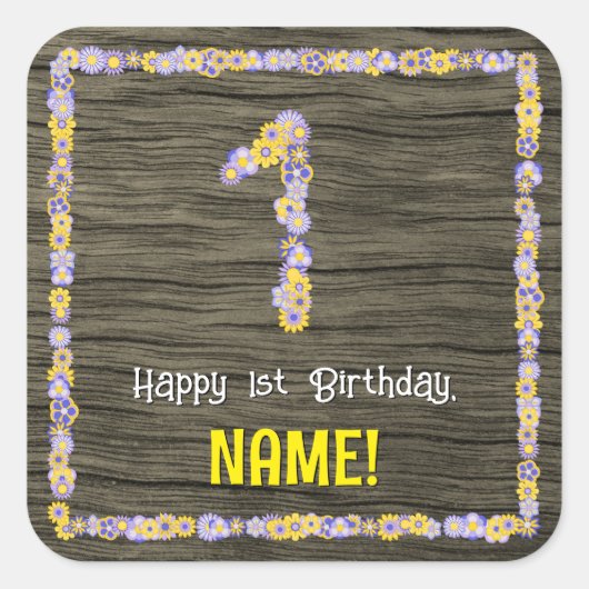 1回目の誕生日:フローラフェイク番号、木目、名前 スクエアシール (正面)