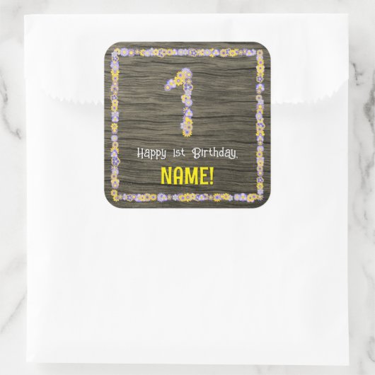 1回目の誕生日:フローラフェイク番号、木目、名前 スクエアシール (バッグ)