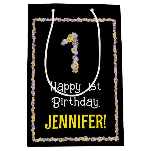 1回目の誕生日：フローラ花数，名前をカスタムする ミディアムペーパーバッグ (正面)