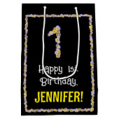 1回目の誕生日：フローラ花数，名前をカスタムする ミディアムペーパーバッグ (裏面)