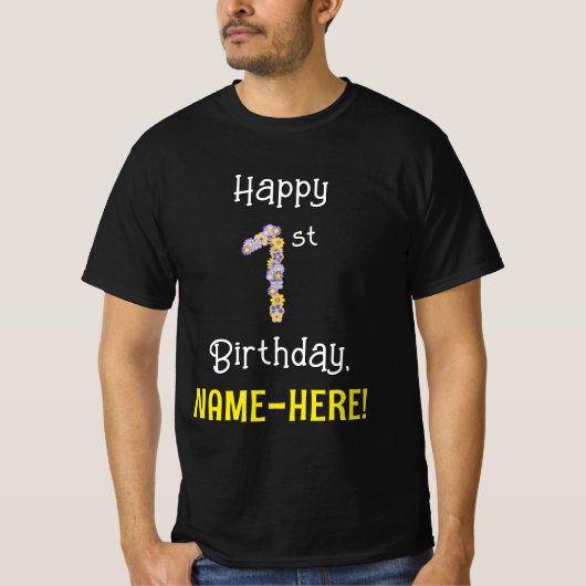 1回目の誕生日：フローラ花番号"1" +名前 Tシャツ (正面)