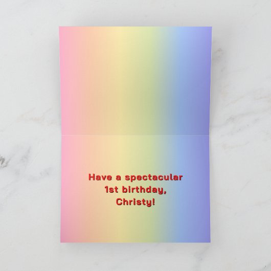 1回目の誕生日:レインボー文字カスタム、写真と名前 カード (内部)