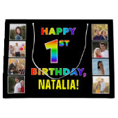 1回目の誕生日:レインボー文字カスタム、写真と名前 ラージペーパーバッグ (正面)