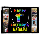 1回目の誕生日:レインボー文字カスタム、写真と名前 ラージペーパーバッグ (裏面)