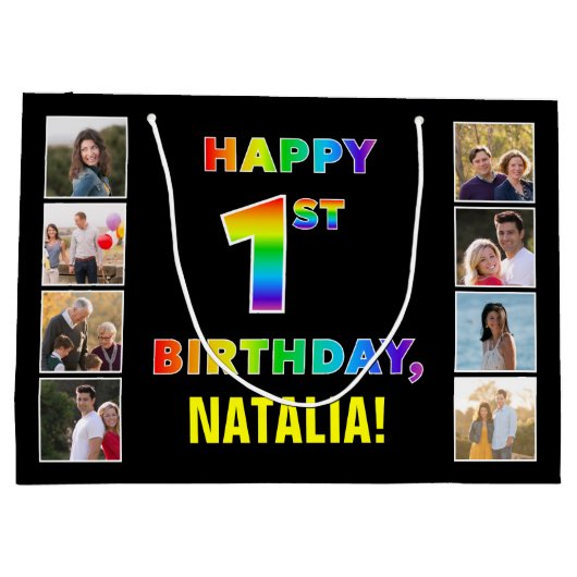 1回目の誕生日:レインボー文字カスタム、写真と名前 ラージペーパーバッグ (裏面)