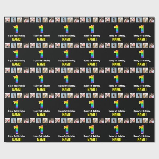 1回目の誕生日：レインボー「1」;カスタム写真と名前 ラッピングペーパー (シーム)