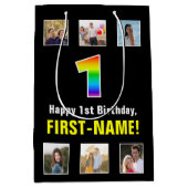 1回目の誕生日：レインボー「1」、写真カスタムと名前 ミディアムペーパーバッグ (正面)