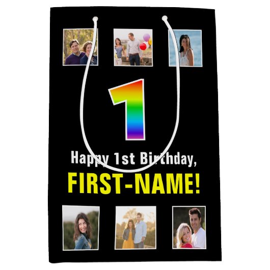 1回目の誕生日:レインボー「1」、写真カスタムと名前 ミディアムペーパーバッグ (正面)