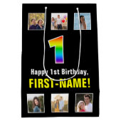 1回目の誕生日:レインボー「1」、写真カスタムと名前 ミディアムペーパーバッグ (裏面)