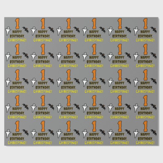 1回目の誕生日:不気味ハロウィーンテーマ+名前をカスタムする ラッピングペーパー (フラット)