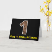 1回目の誕生日:名前フェイク+木目パターン"1" カード (黄色い花)